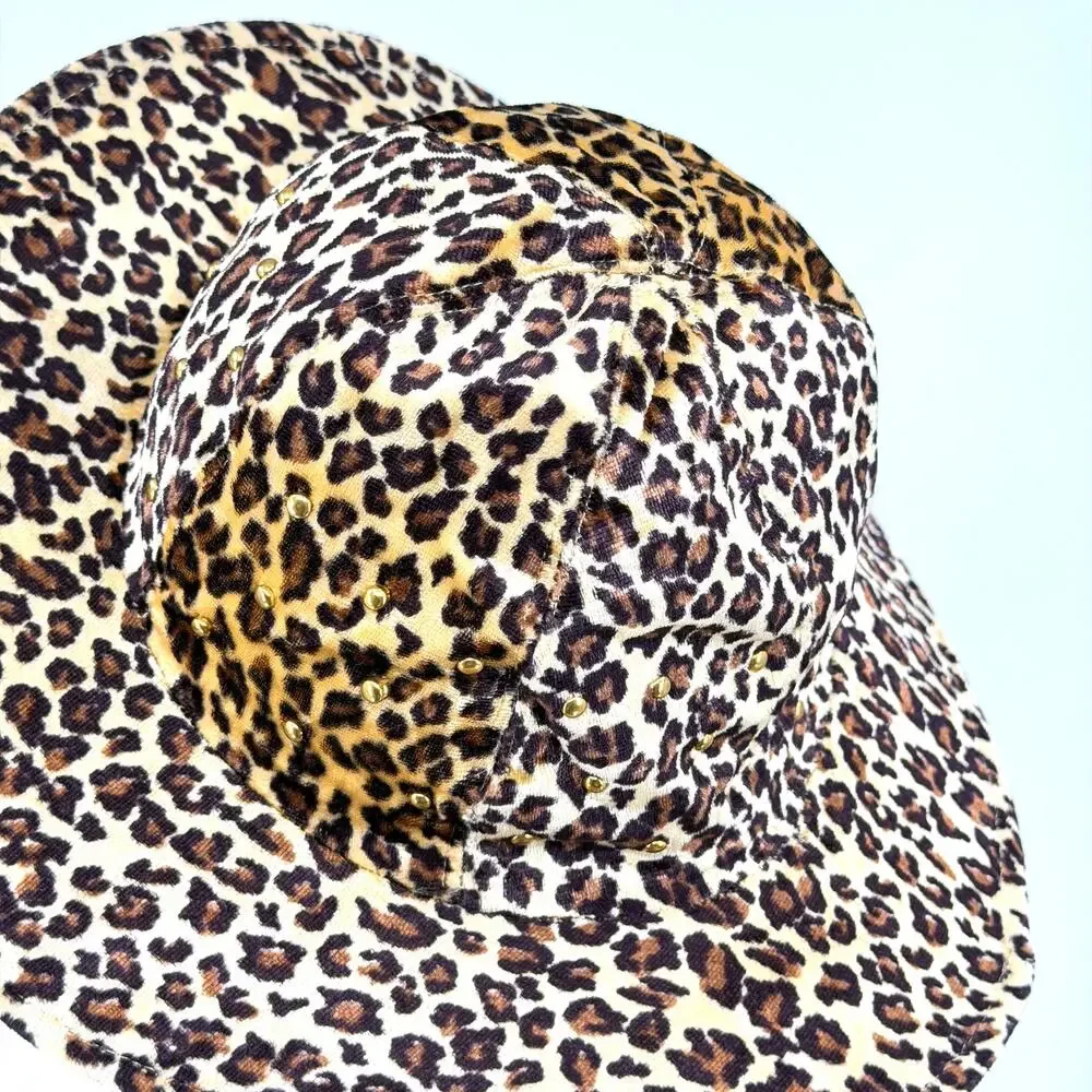 Vintage 90s Leopard Velvet Gold Studded Wire Brim Bucket Hat - Picture 5 of 9